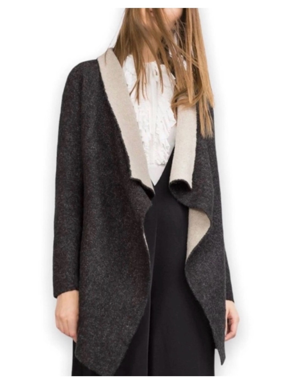 ZARA Two-Tone Waterfall Shawl Collar Cardigan Beige & Dark Gray Womens SMALL EUC